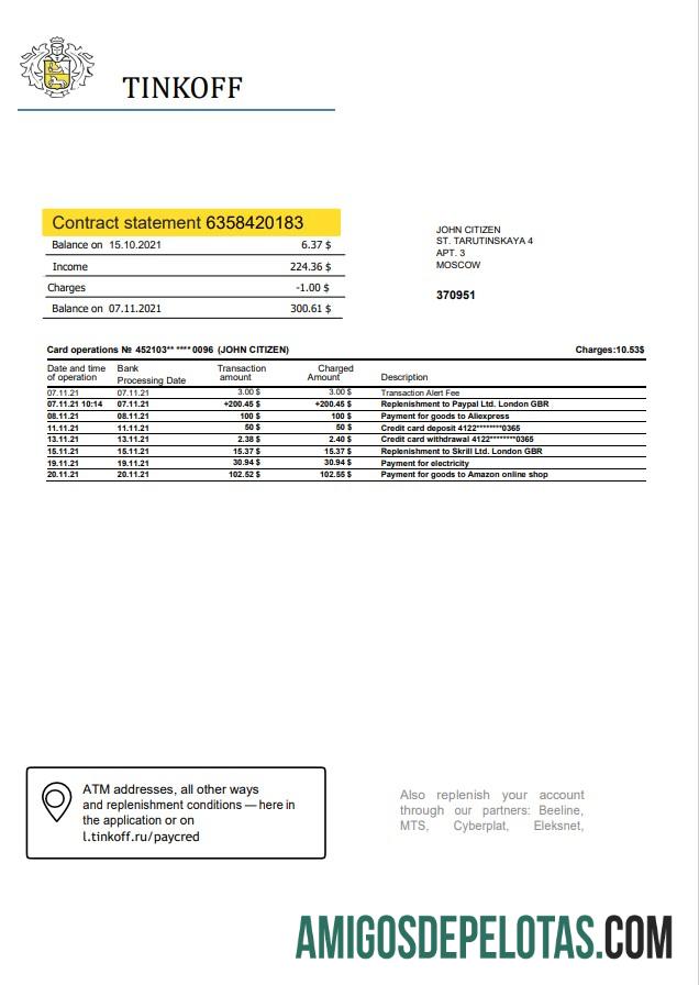 Declaração de comprovante de endereço do Banco Tinkoff da Rússia em branco (versão em inglês) modelo em formato Word e PDF